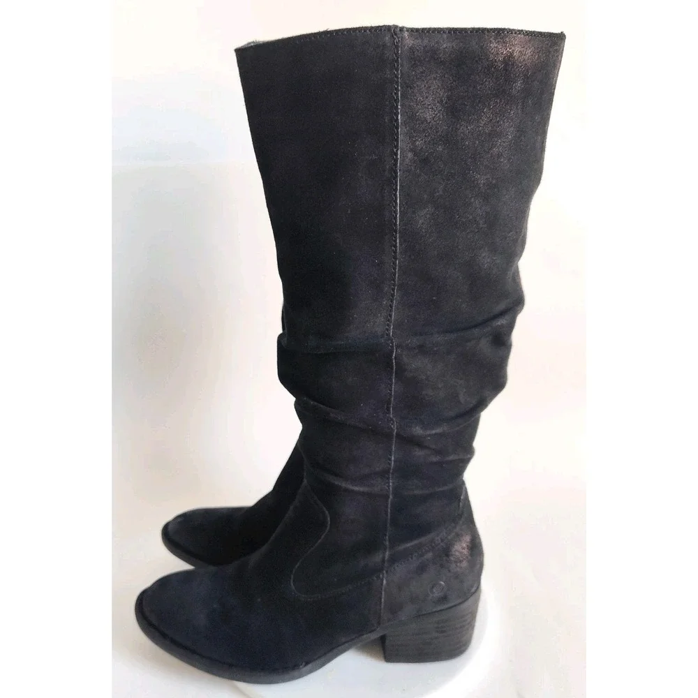 Born Boots Size 7 Knee High Tall Riding Suede Black Slouchy Distressed Lined